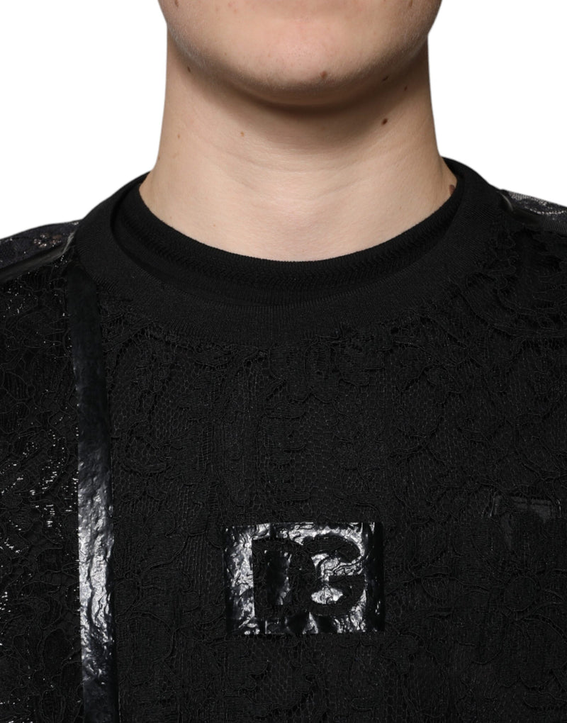 Black Nylon Floral Lace Crew Neck T-shirt Dolce & Gabbana