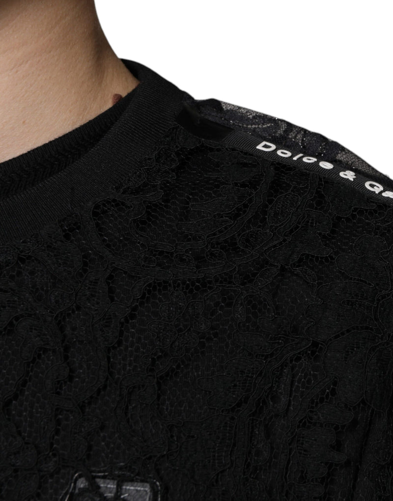 Black Nylon Floral Lace Crew Neck T-shirt Dolce & Gabbana