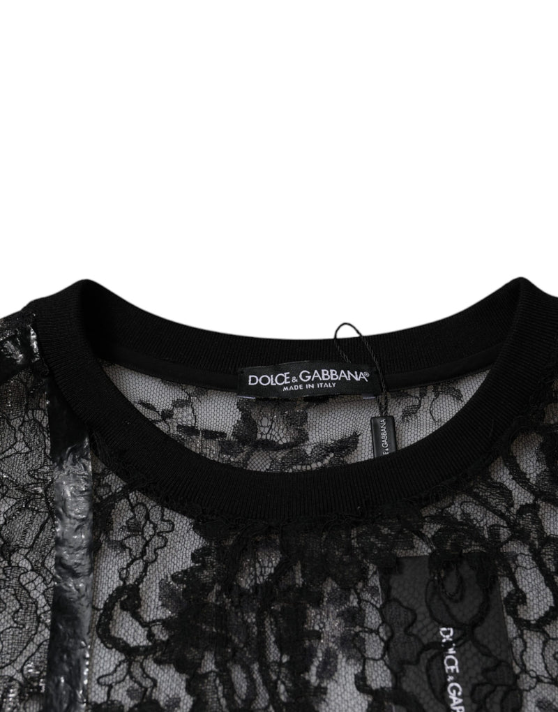 Black Nylon Floral Lace Crew Neck T-shirt Dolce & Gabbana