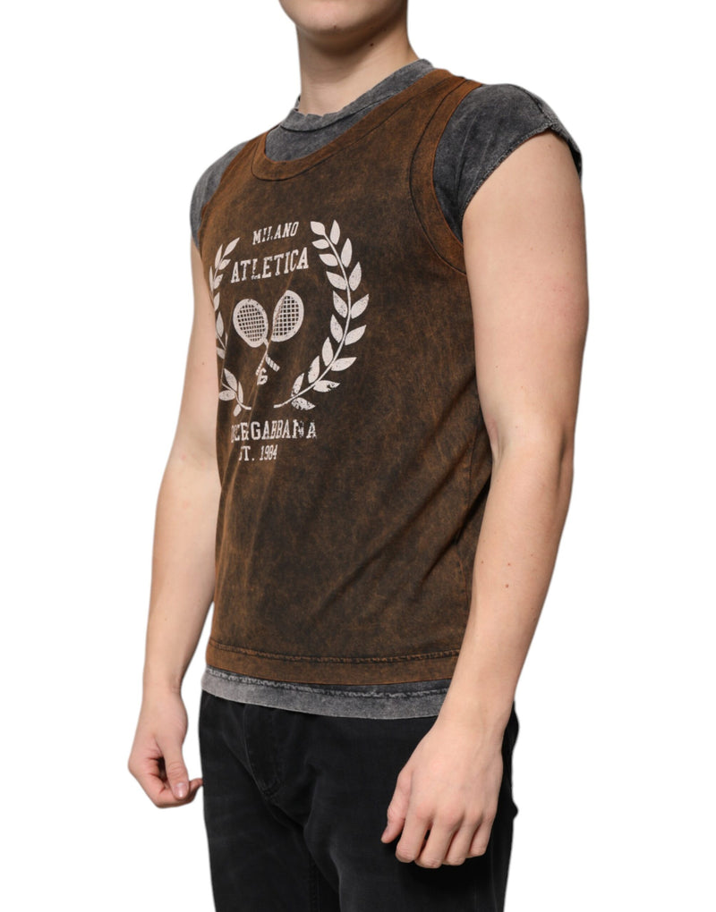 Brown Cotton Crew Neck Sleeveless T-shirt Dolce & Gabbana