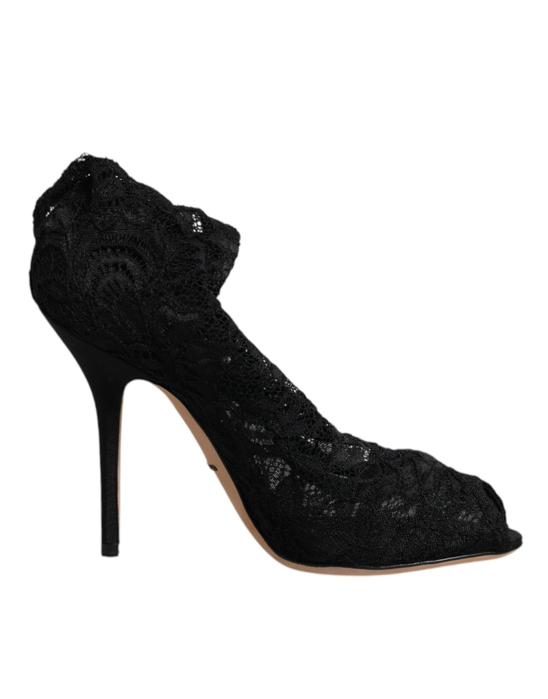 Black Lace Stretch Heels Mid Calf Boots Shoes Dolce & Gabbana