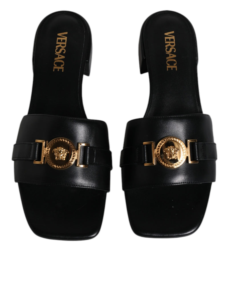 Black Leather Logo Plaque Slip On Slides Flats Shoes Versace