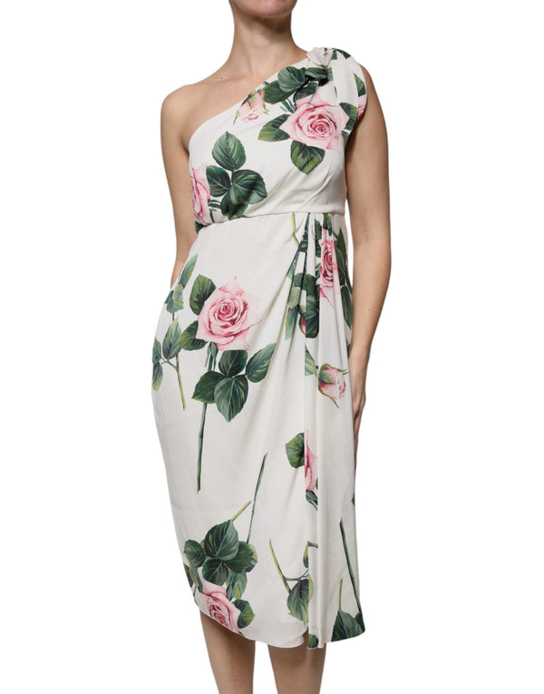 White Floral Silk One Shoulder Midi Dress Dolce & Gabbana