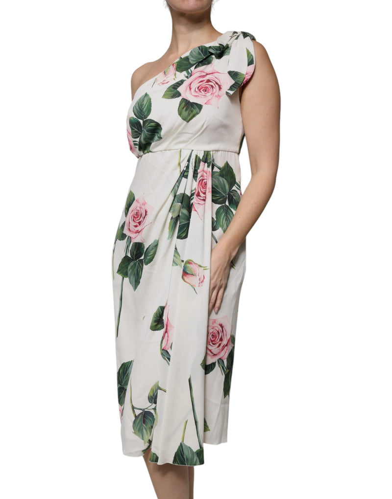 White Floral Silk One Shoulder Midi Dress Dolce & Gabbana