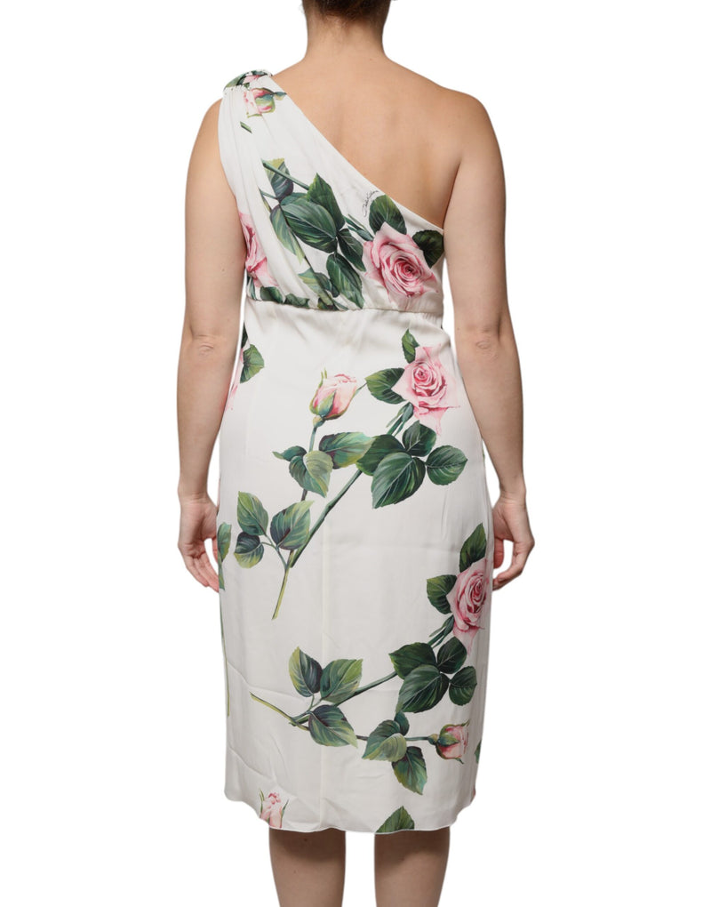 White Floral Silk One Shoulder Midi Dress Dolce & Gabbana