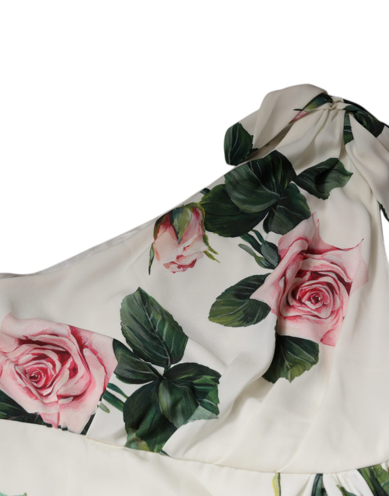 White Floral Silk One Shoulder Midi Dress Dolce & Gabbana