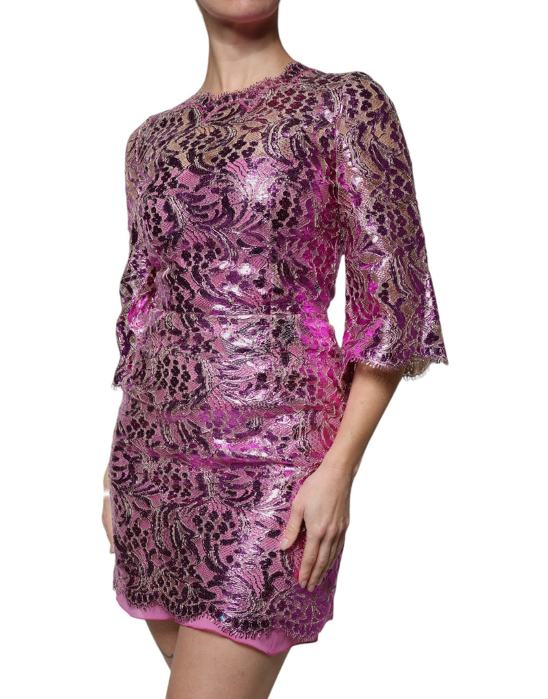 Metallic Fuchsia Floral Sheath Mini Dress Dolce & Gabbana