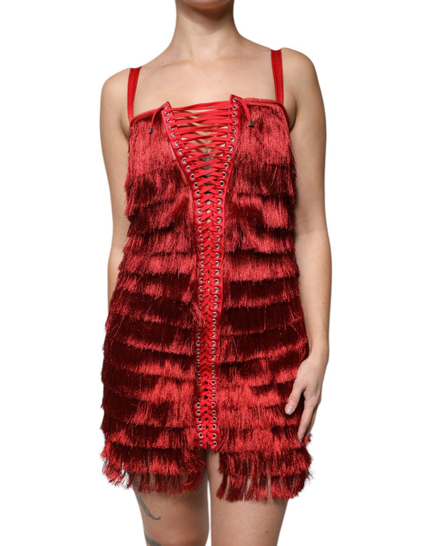 Red Lace Tassel Sleeveless Sheath Mini Dress Dolce & Gabbana