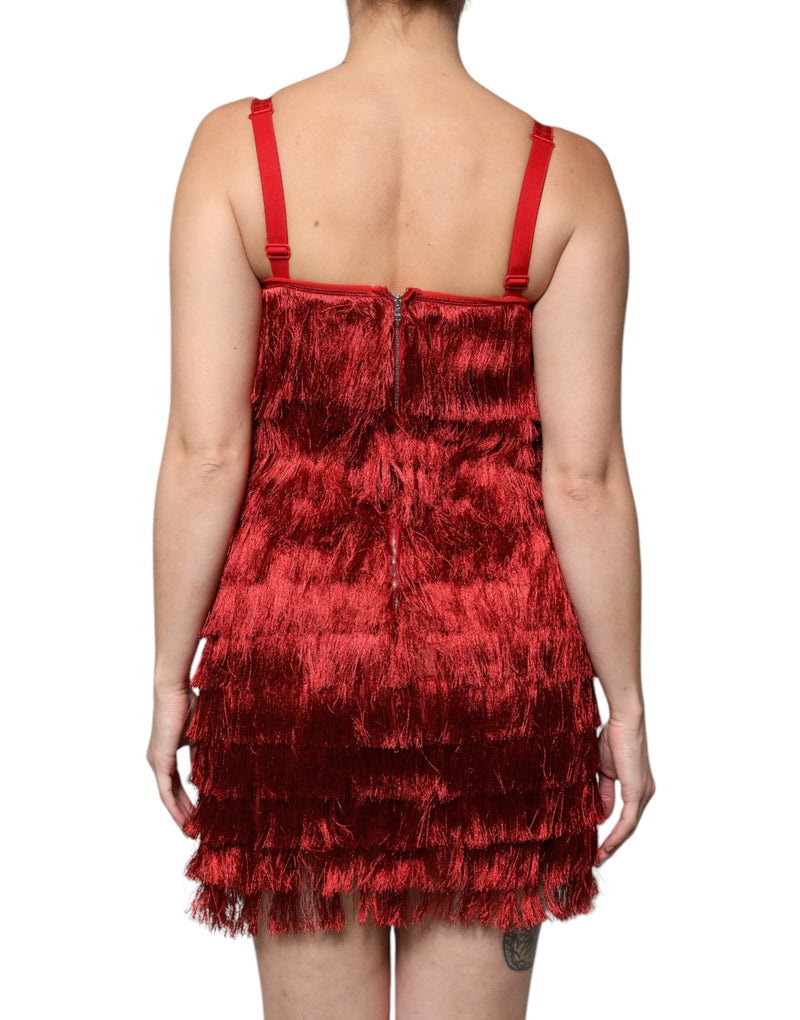 Red Lace Tassel Sleeveless Sheath Mini Dress Dolce & Gabbana