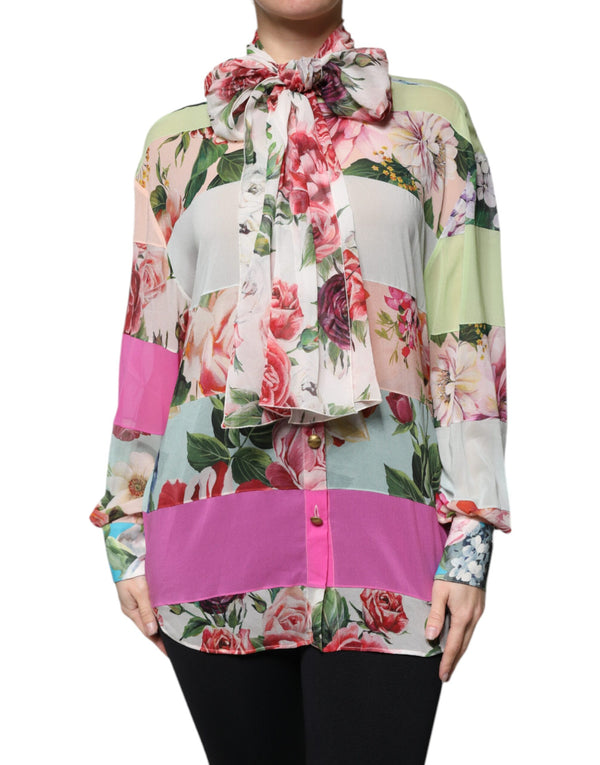 Multicolor Floral Patchwork Ascot Collar Top Dolce & Gabbana