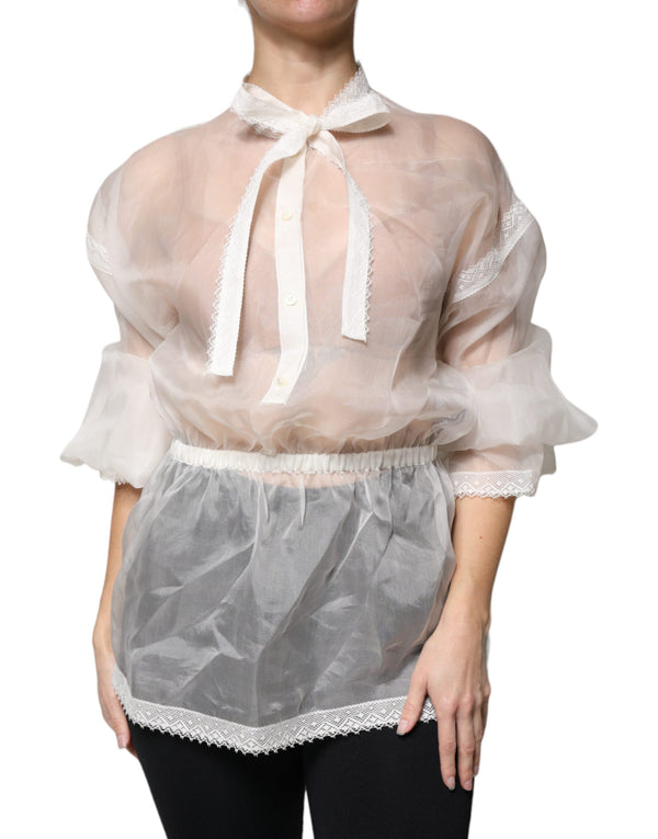 White Ascot Collar Long Sleeves Blouse Top Dolce & Gabbana