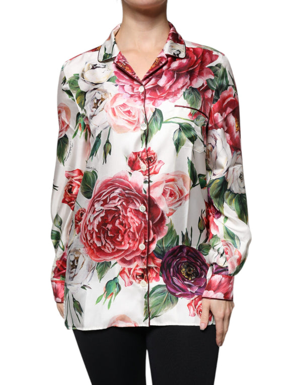 White Peony Silk Long Sleeves Collared Blouse Top Dolce & Gabbana