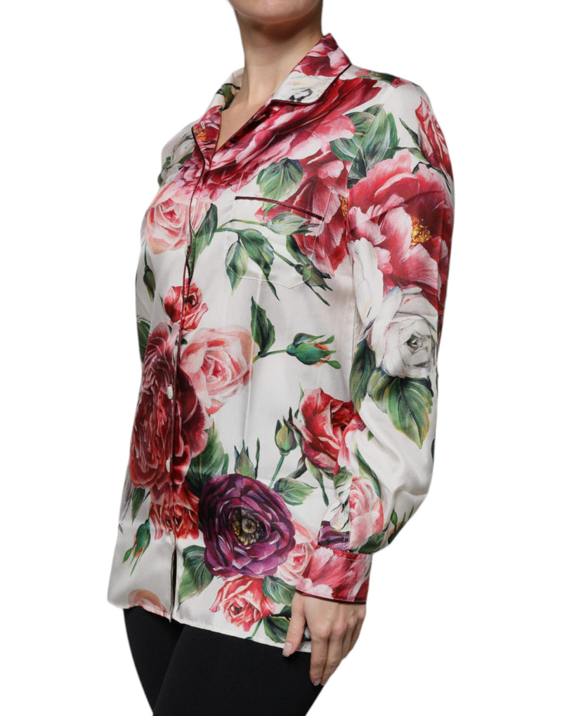 White Peony Silk Long Sleeves Collared Blouse Top Dolce & Gabbana