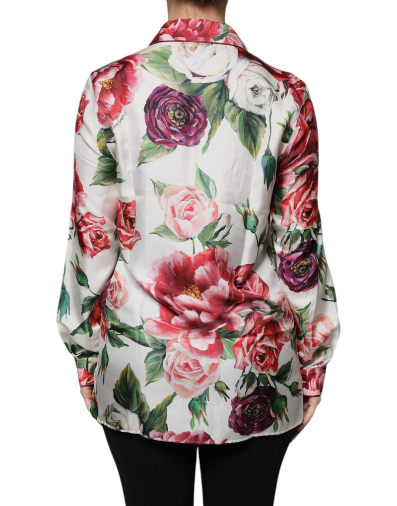 White Peony Silk Long Sleeves Collared Blouse Top Dolce & Gabbana