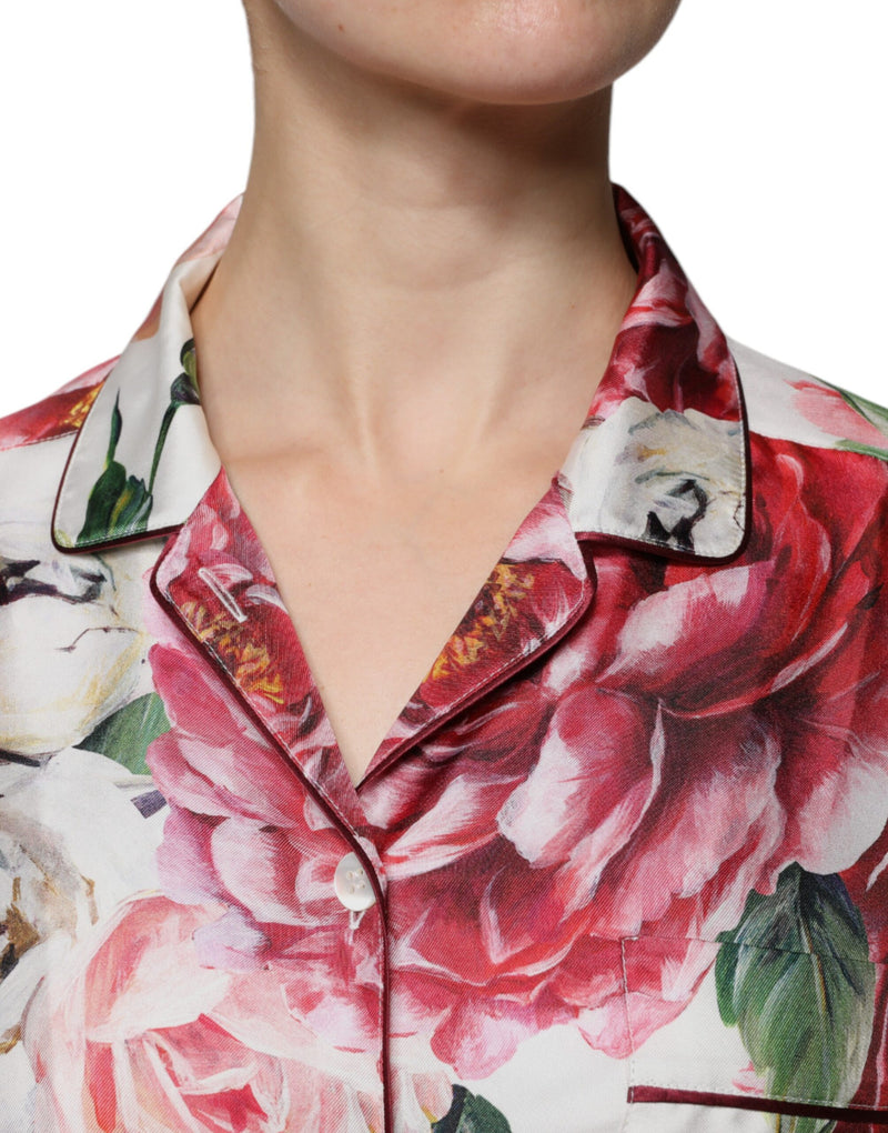 White Peony Silk Long Sleeves Collared Blouse Top Dolce & Gabbana