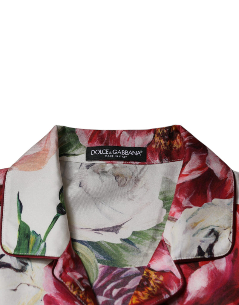 White Peony Silk Long Sleeves Collared Blouse Top Dolce & Gabbana