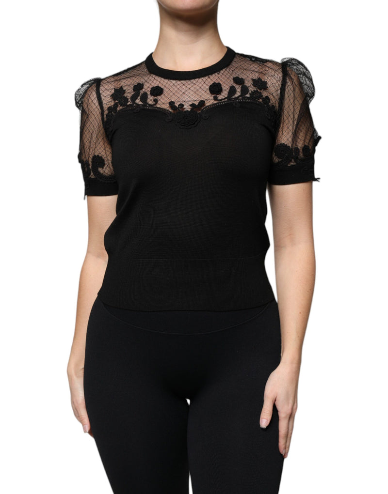 Black Floral Lace Short Sleeves Blouse Top Dolce & Gabbana