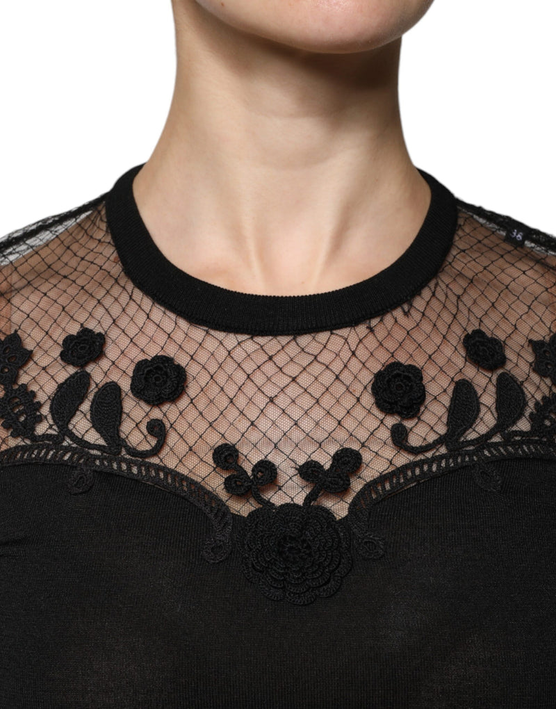 Black Floral Lace Short Sleeves Blouse Top Dolce & Gabbana