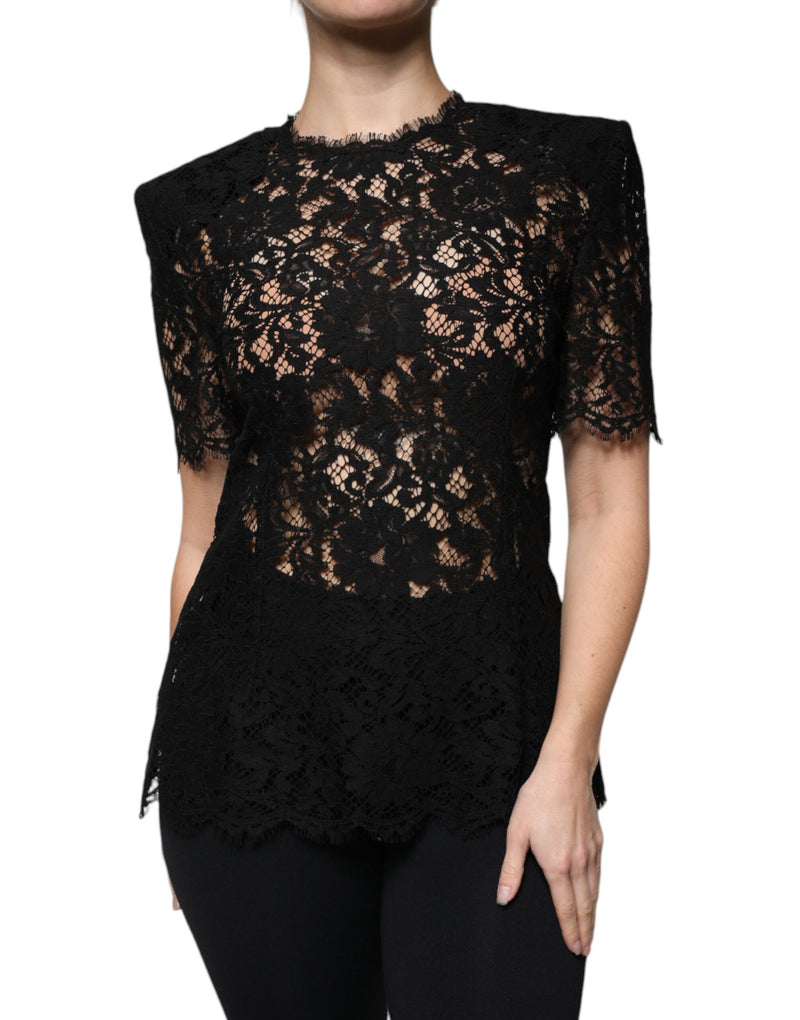 Black Floral Lace Short Sleeves Blouse Top Dolce & Gabbana