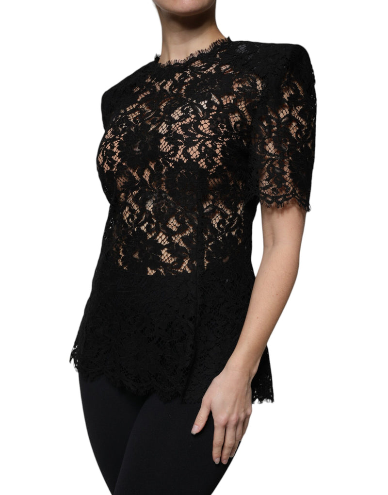 Black Floral Lace Short Sleeves Blouse Top Dolce & Gabbana