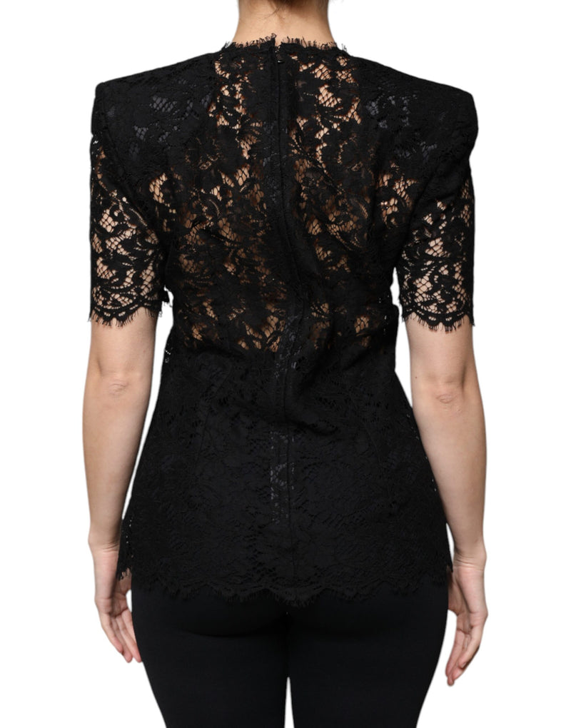 Black Floral Lace Short Sleeves Blouse Top Dolce & Gabbana