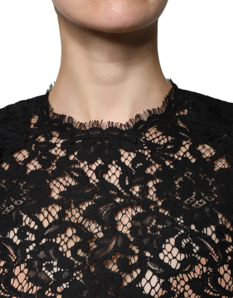 Black Floral Lace Short Sleeves Blouse Top Dolce & Gabbana