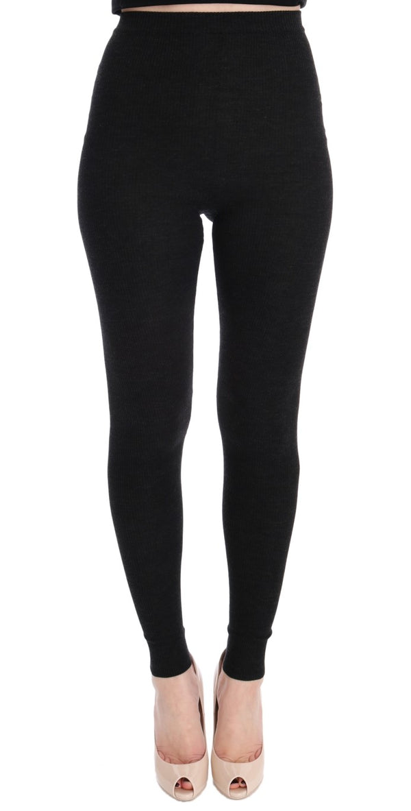 Elegant High-Waist Wool Tights Pants in Dark Gray Dolce & Gabbana