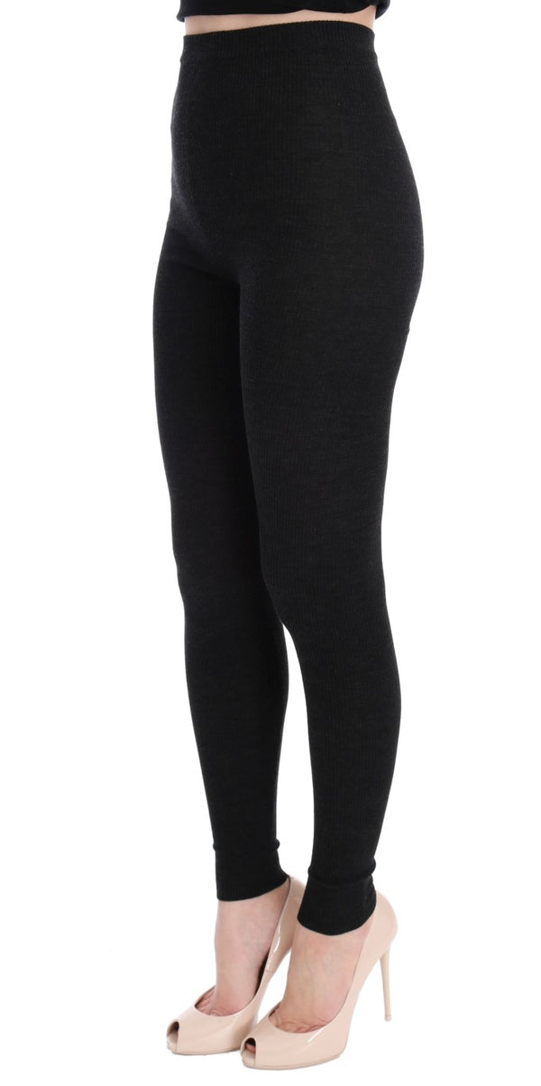 Elegant High-Waist Wool Tights Pants in Dark Gray Dolce & Gabbana