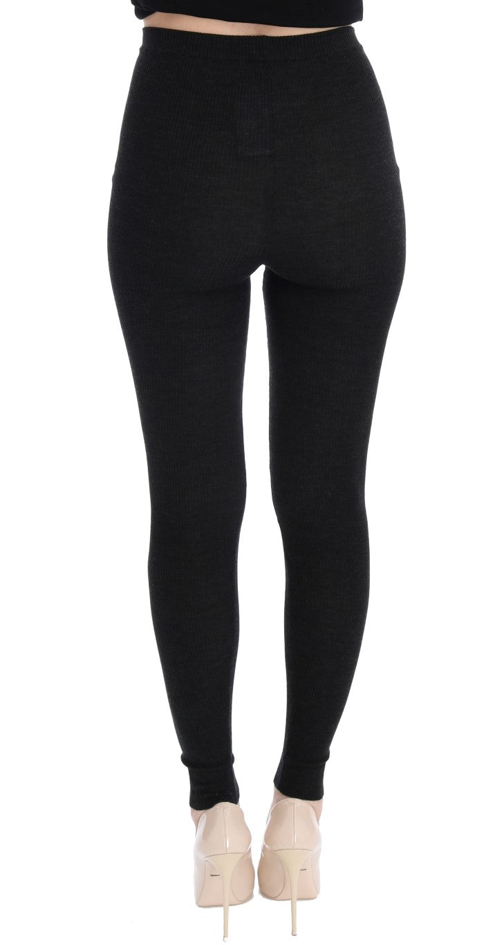 Elegant High-Waist Wool Tights Pants in Dark Gray Dolce & Gabbana