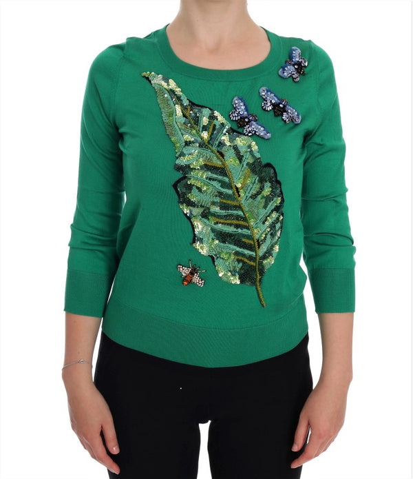 Embellished Green Silk Pullover Sweater Dolce & Gabbana