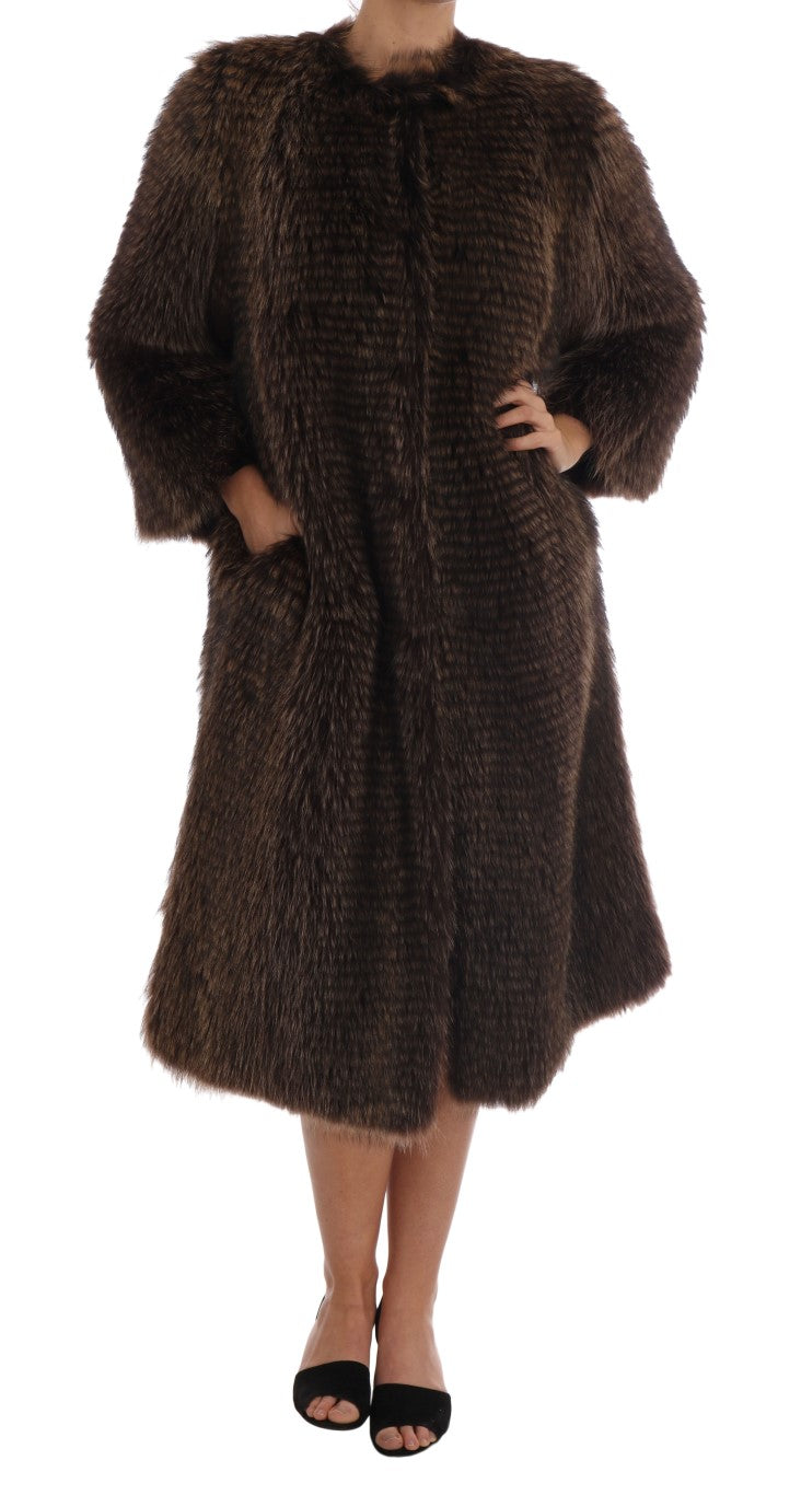 Elegant Brown Raccoon Fur Knee-Length Coat Dolce & Gabbana