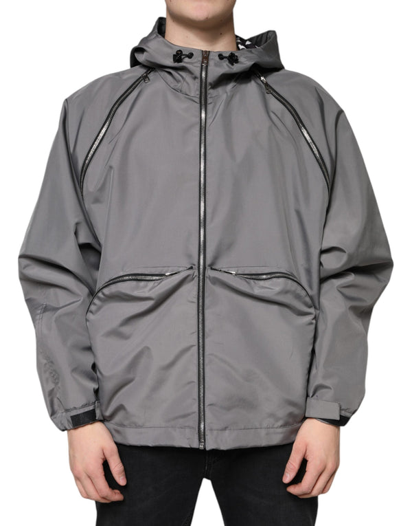 Gray Polyester Hooded Men Full Zip Jacket Dolce & Gabbana