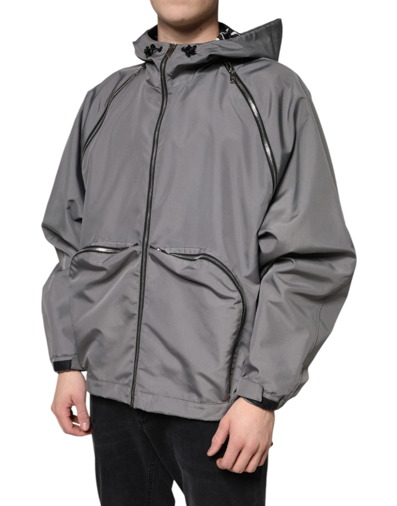Gray Polyester Hooded Men Full Zip Jacket Dolce & Gabbana