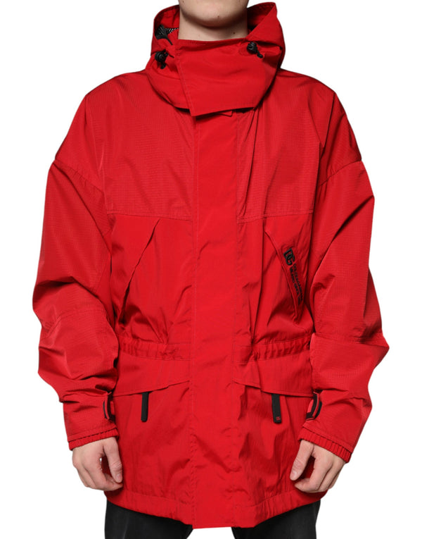 Red Nylon Hooded Men Full Zip Parka Jacket Dolce & Gabbana
