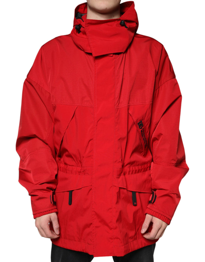 Red Nylon Hooded Men Full Zip Parka Jacket Dolce & Gabbana