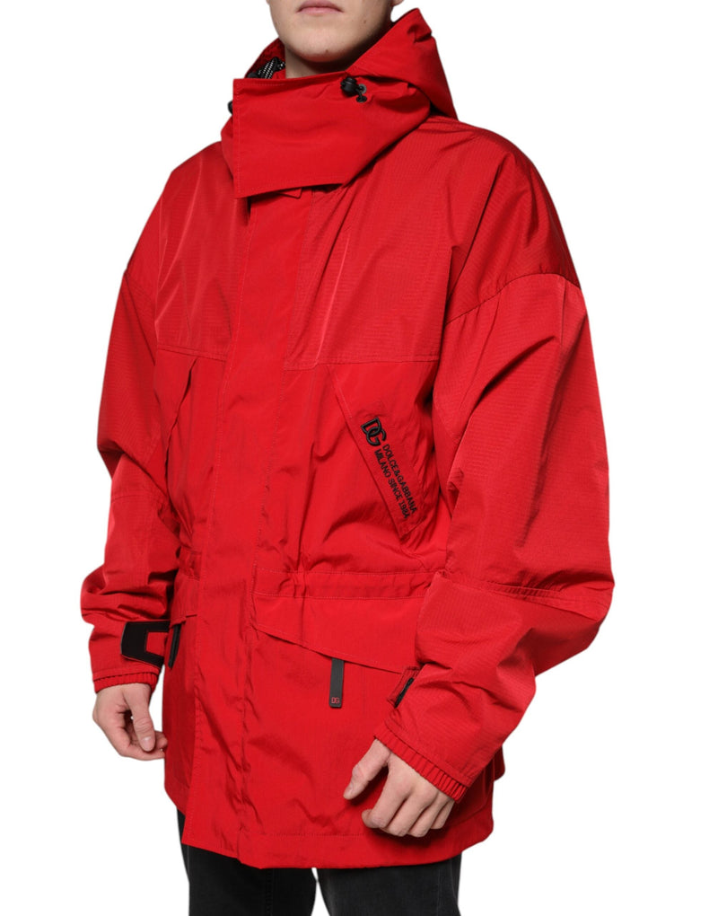 Red Nylon Hooded Men Full Zip Parka Jacket Dolce & Gabbana