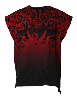 Red Leopard Print Cotton Sleeveless T-shirt