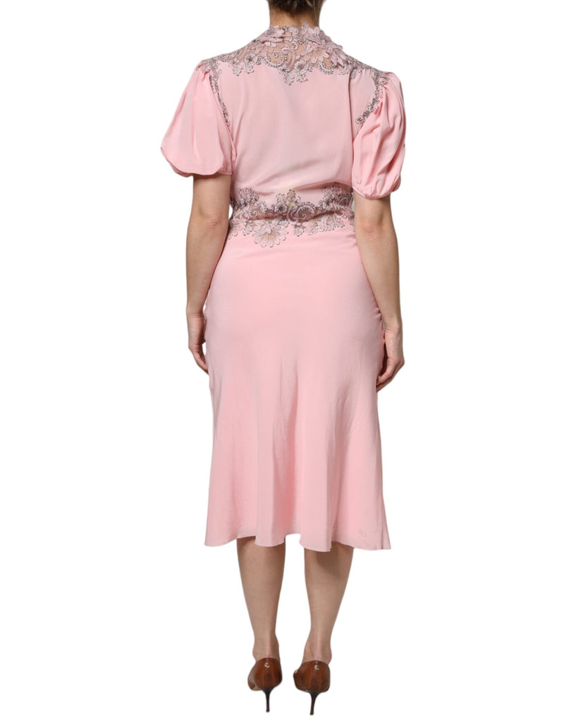 Pink Floral Lace Short Sleeves V-neck Midi Dress Ermanno Scervino