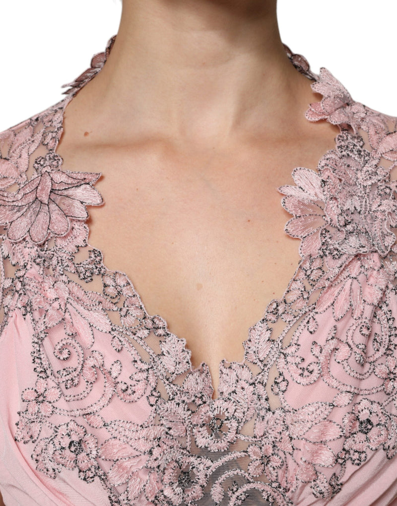 Pink Floral Lace Short Sleeves V-neck Midi Dress Ermanno Scervino
