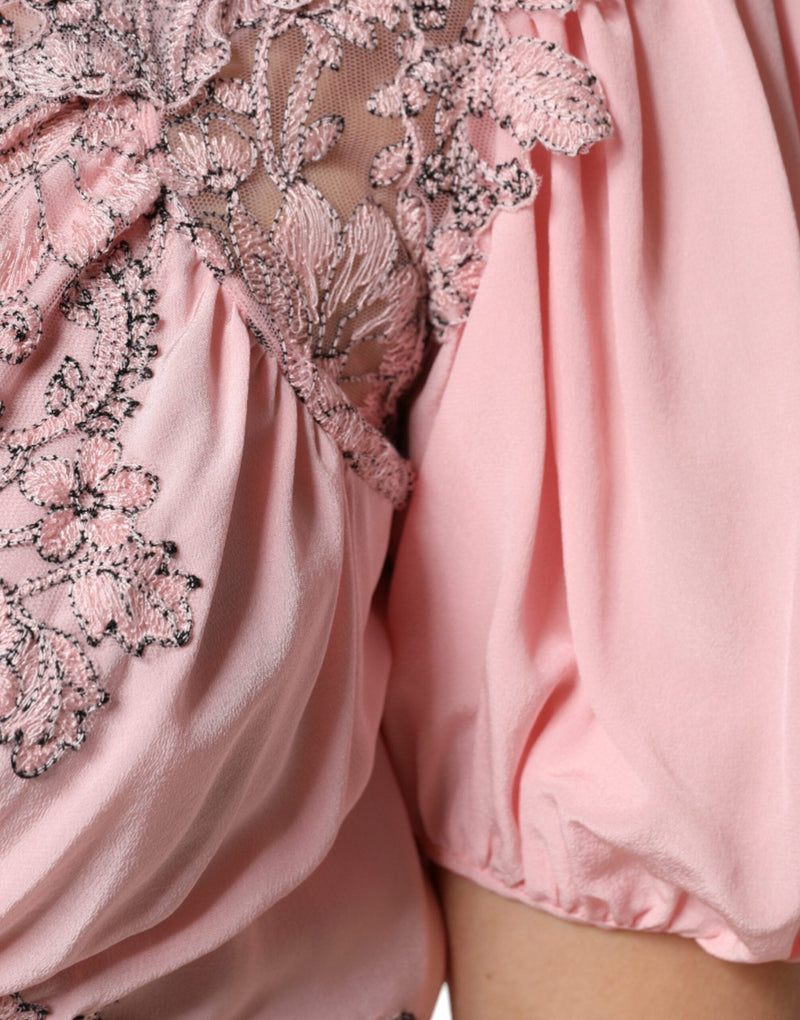 Pink Floral Lace Short Sleeves V-neck Midi Dress Ermanno Scervino
