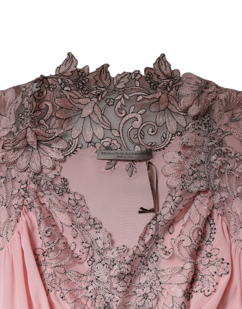 Pink Floral Lace Short Sleeves V-neck Midi Dress Ermanno Scervino