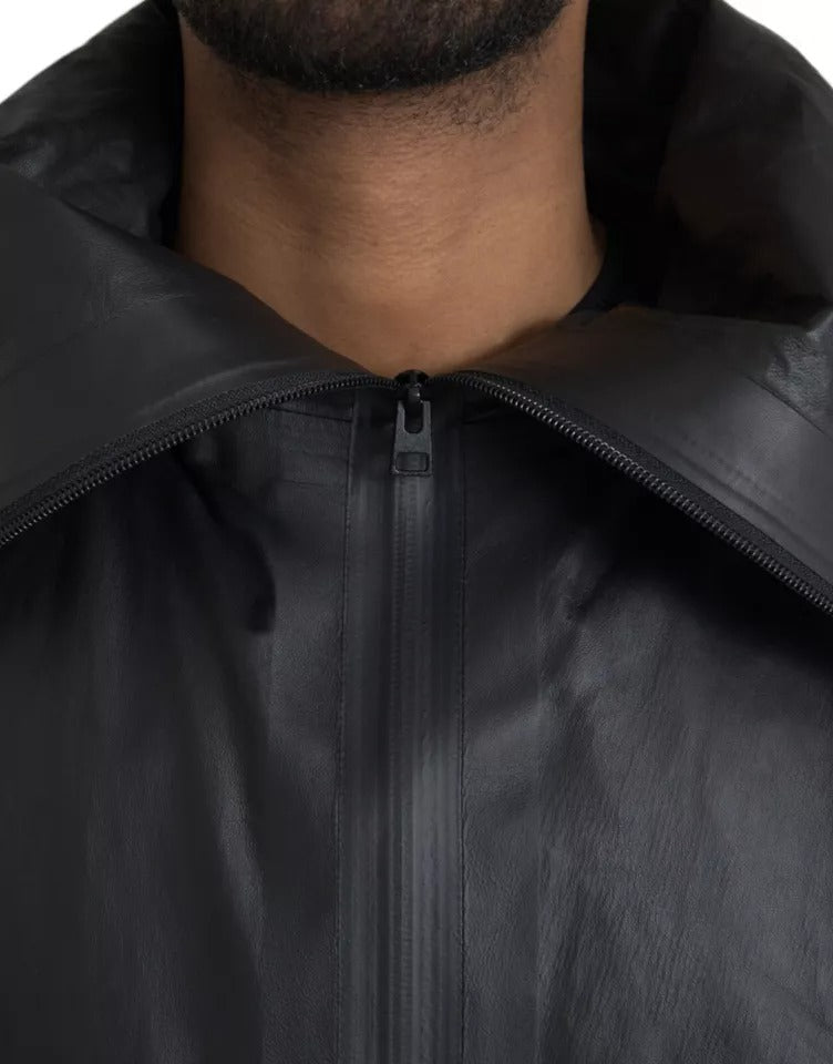 Black Leather Hooded Men Trenchcoat Jacket Bottega Veneta