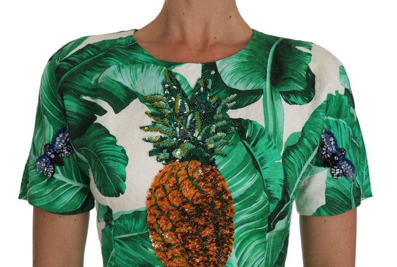 Elegant Green Banana Leaf Print A-Line Dress Dolce & Gabbana
