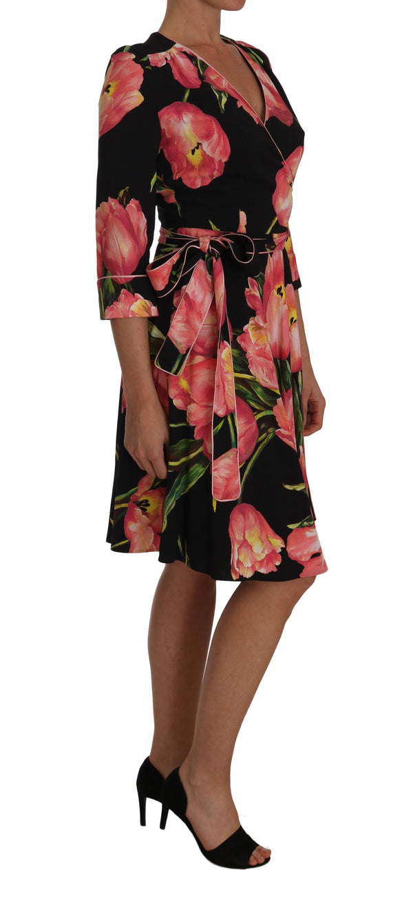 Elegant Black Shift Dress with Pink Tulips Print Dolce & Gabbana