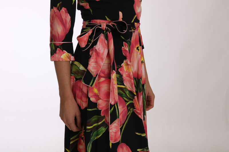 Elegant Black Shift Dress with Pink Tulips Print Dolce & Gabbana