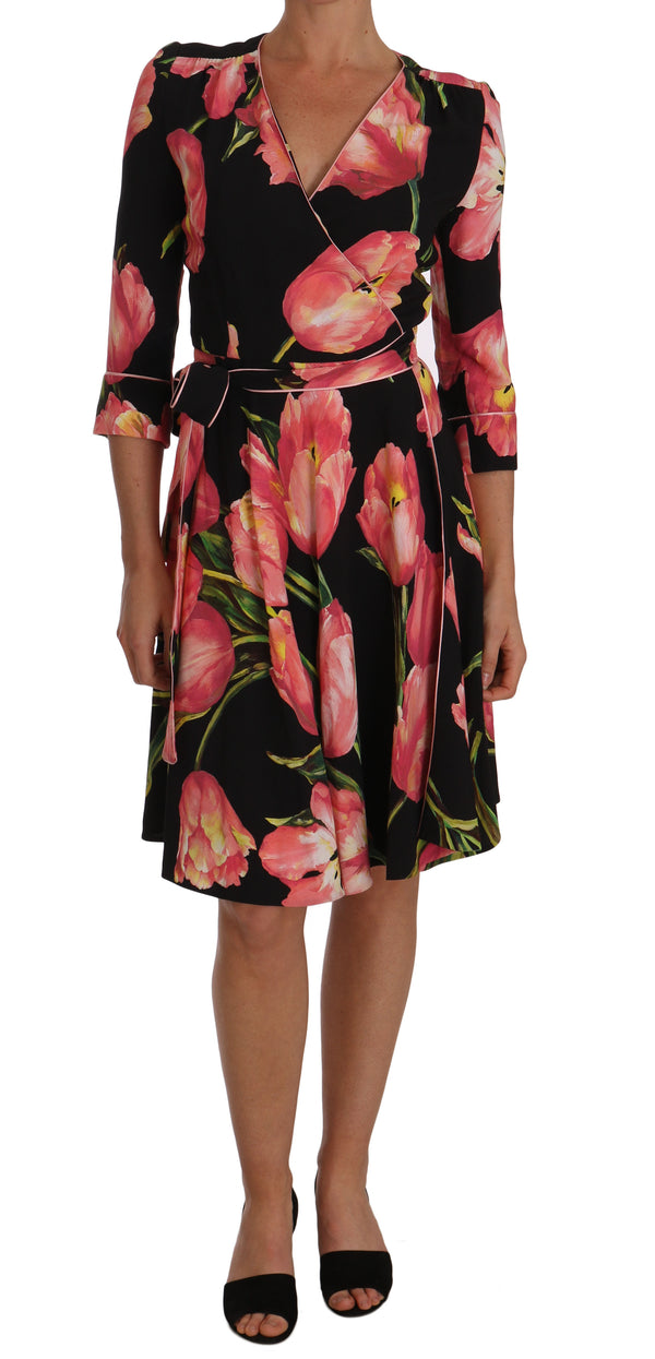 Elegant Black Shift Dress with Pink Tulips Print Dolce & Gabbana