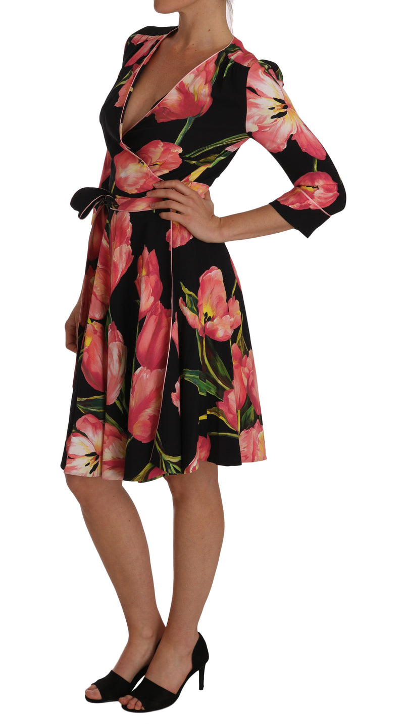 Elegant Black Shift Dress with Pink Tulips Print Dolce & Gabbana