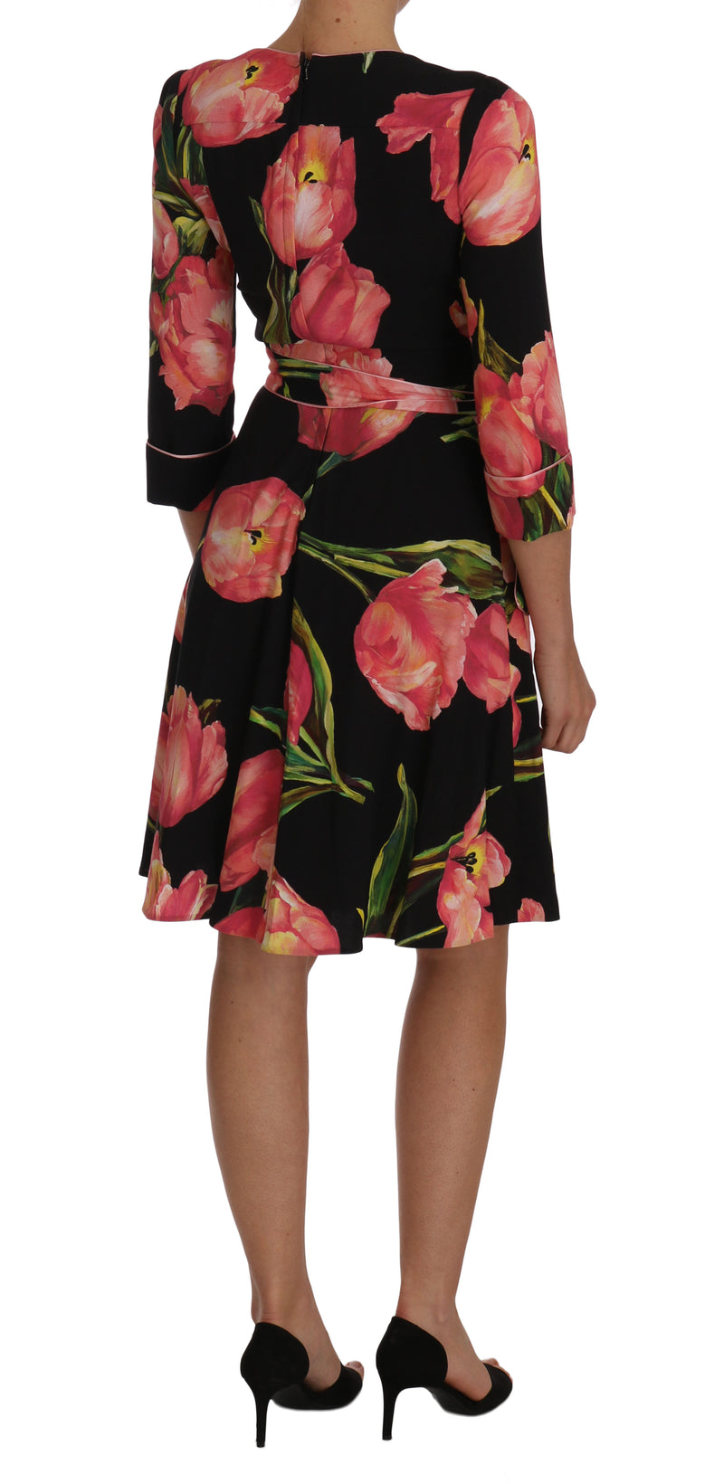 Elegant Black Shift Dress with Pink Tulips Print Dolce & Gabbana