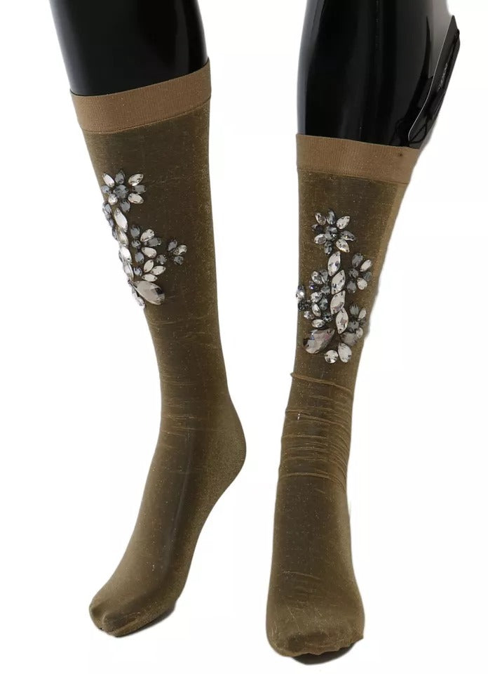Gold Stretch Floral Clear Crystal Stocking Socks Dolce & Gabbana