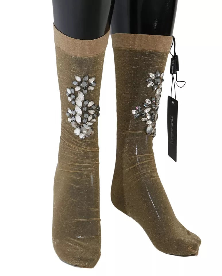 Gold Stretch Floral Clear Crystal Stocking Socks Dolce & Gabbana